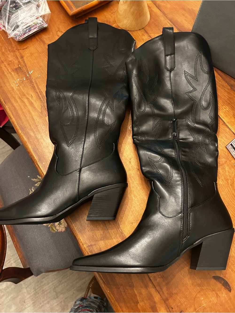 Black Western Knee-High Block Heel Boots